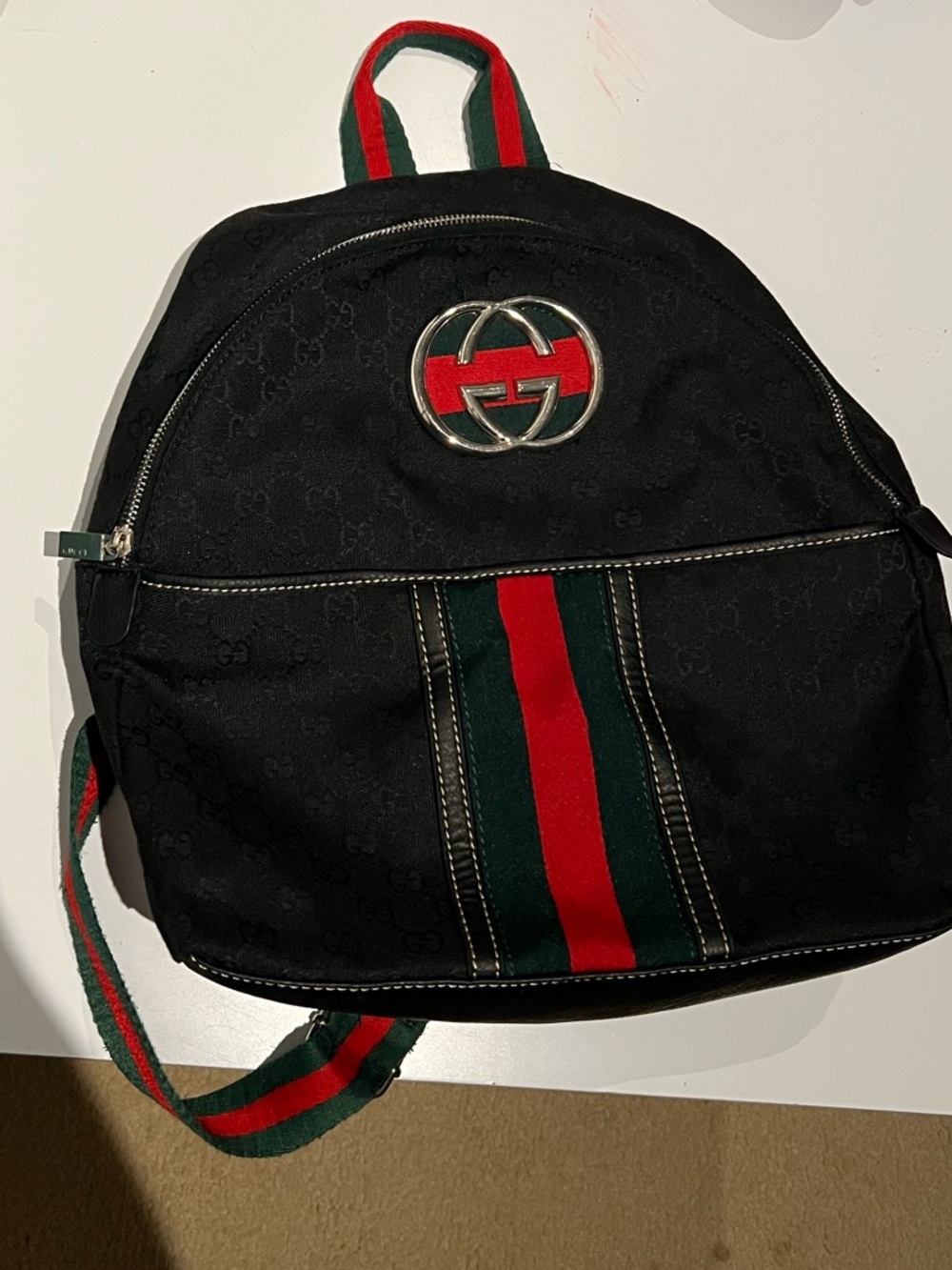 Gucci Black Backpack with Signature Red and Green Web Stripe Accents